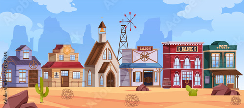 City skyline, western town with wooden houses and rustic architecture. Vector cartoon landscape with buildings, rocks and cacti, sand dunes and desert atmosphere, wild west location for game