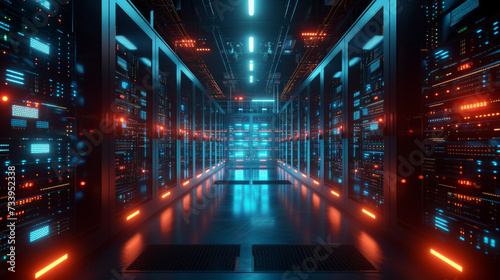 Modern Data Technology Center Server Racks in Dark Room with VFX. Visualization Concept of Internet of Things, Data Flow, Digitalization of Internet Traffic. Complex Electric Equipment Warehouse