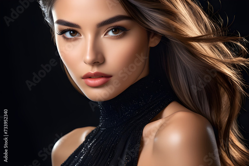 A close-up portrait of an attractive model captivates with luxurious fashion details.