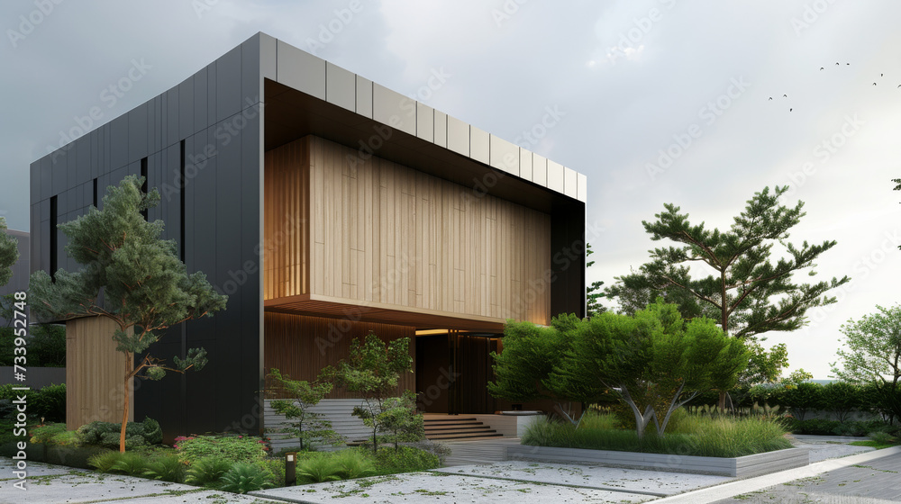 Modern luxury minimalist cubic house, villa with wooden cladding and black panel walls and landscaping design front yard. Residential architecture exterior Modern luxury minimalist cubic house, villa with wooden cladding and black panel walls and landscaping design front yard. Residential architecture exterior