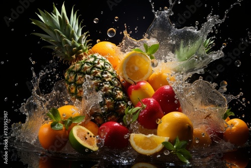 Watch as an assortment of colorful fruits grace the surface of the water  creating a captivating and lively spectacle.