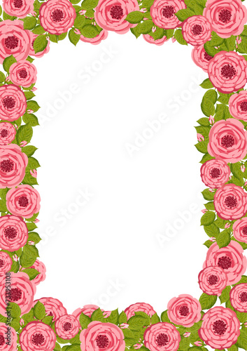 Vector frame with blooming roses. Floral illustration for postcard, poster, invitation decor etc. Flowers for spring and summer holidays.