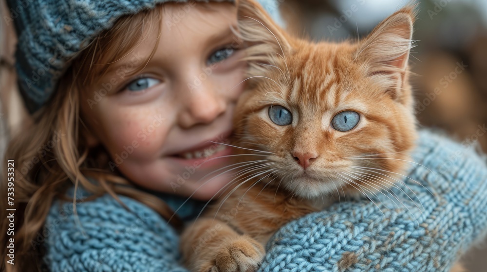 Playing children hugging a cat. Looks of happiness and delight on their faces Playing children hugging a cat. Looks of happiness and delight on their faces