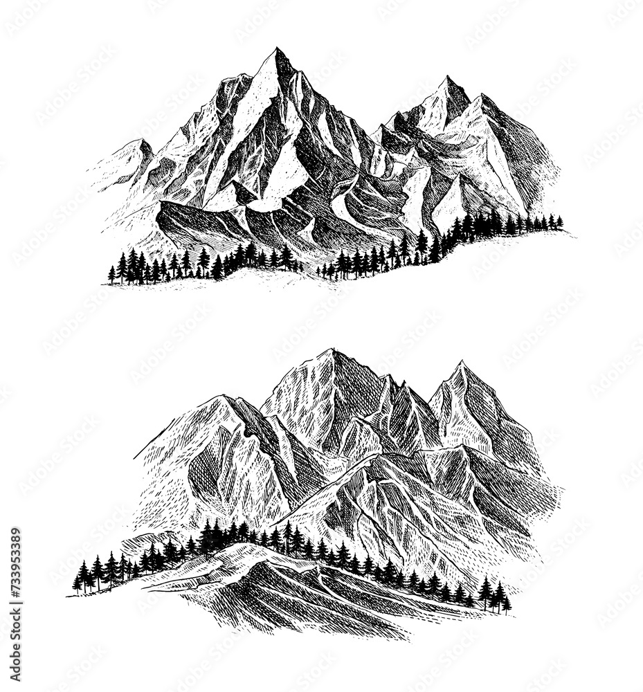 Mountain with pine trees and landscape black on white background. Hand drawn rocky peaks in sketch style. Tourism, Travel, Vacation and trip Concept. 	