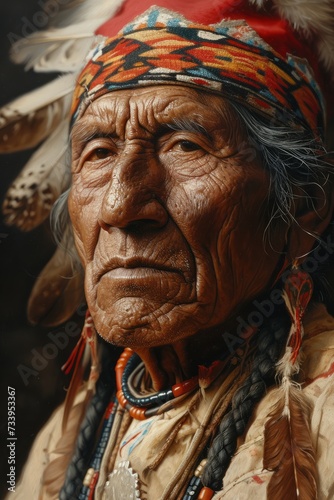 A moving portrayal of an elderly indian chief from a vanished tribe, adorned in traditional clothing. The intense, expressive gaze of the chief reflects a lifetime of wisdom and resilience.