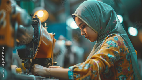 photo of asian indian seamstress with headscarf in textile factory sewing with industrial sewing machines
