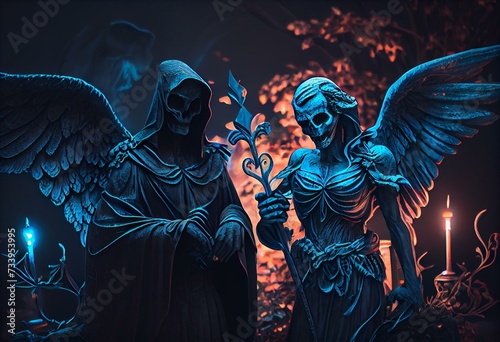 Black angel and grimm reaper in cemetery halloween concept design. Generative AI photo