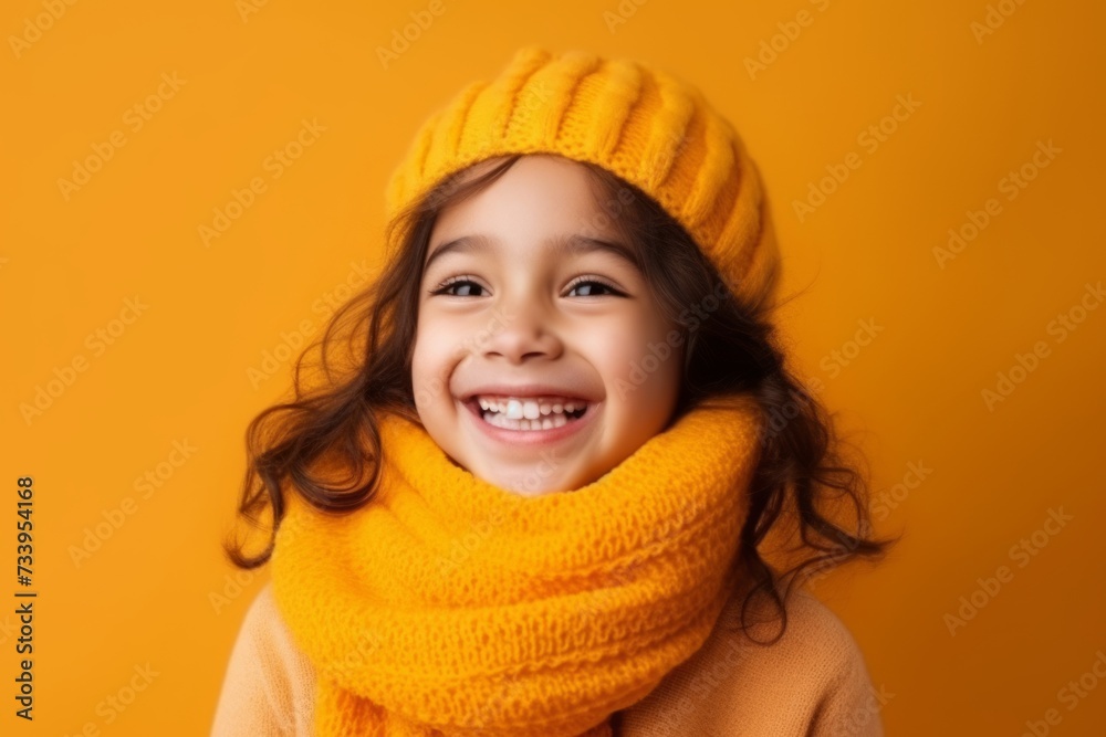Portrait of a happy little girl in warm clothing over yellow background