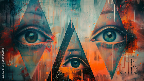 Graffiti painting of three eyes in geometric shapes on abstract colorful background with rhombuses - control, fear, vision and conspiracy theory © Domingo