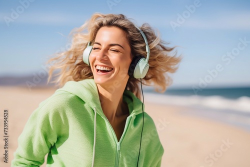 Attractive happy smiling woman listening to music in colorful green headphones on the beach in summer style fashionable trend outfit happy, wearing green sweater dancing and singing cheerfully photo