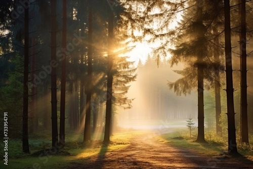 Forest in the morning in the fog in the sun  trees in a haze of light  glowing fog among the trees