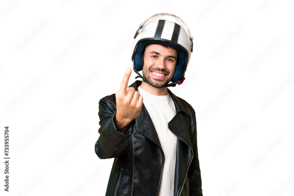Young caucasian man with a motorcycle helmet over isolated chroma key background doing coming gesture Young caucasian man with a motorcycle helmet over isolated chroma key background doing coming gesture