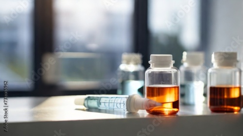Medical vials and a syringe arranged on a white table
