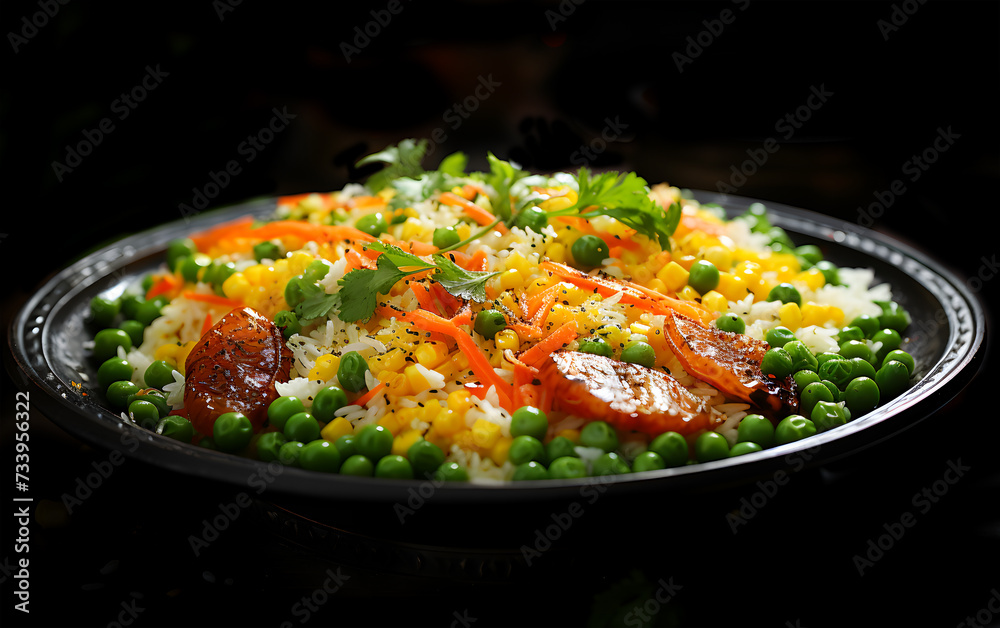 Healthy delicious green peas tomato and corn vegetarian food on a plate