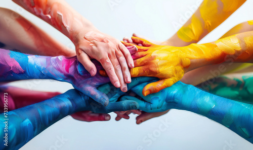 People of different ethnicities and genders holding hands and working cooperatively together. Symbolizing diversity