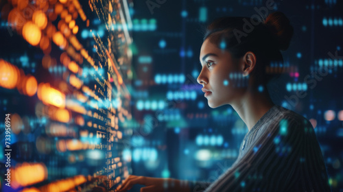 Portrait of Young Woman Working on Laptop Computer, Looking at Big Digital Screen Displaying Back-end Code Lines. Professional Programmer Developing a Big Data Interface Software Project