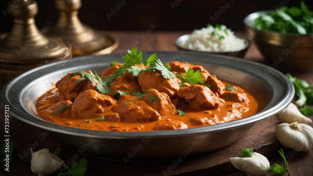 A steaming plate of butter chicken, adorned with fresh cilantro leaves, served alongside warm, fluffy naan bread with the vibrant colors and enticing aroma of this classic Indian dish A steaming plate of butter chicken, adorned with fresh cilantro leaves, served alongside warm, fluffy naan bread with the vibrant colors and enticing aroma of this classic Indian dish