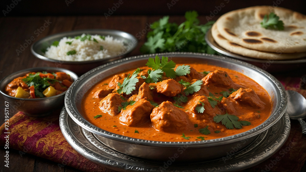 A steaming plate of butter chicken, adorned with fresh cilantro leaves, served alongside warm, fluffy naan bread with the vibrant colors and enticing aroma of this classic Indian dish A steaming plate of butter chicken, adorned with fresh cilantro leaves, served alongside warm, fluffy naan bread with the vibrant colors and enticing aroma of this classic Indian dish