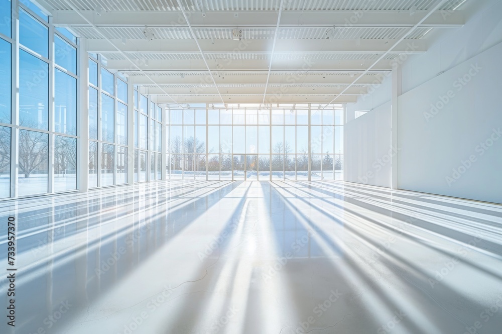 A large white room with sunlight streaming through the glass windows. A large white room with sunlight streaming through the glass windows.