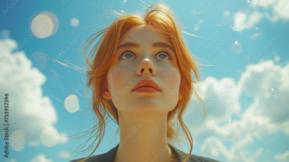 Red-haired woman gazing up at a blue summer sky with clouds. Red-haired woman gazing up at a blue summer sky with clouds.
