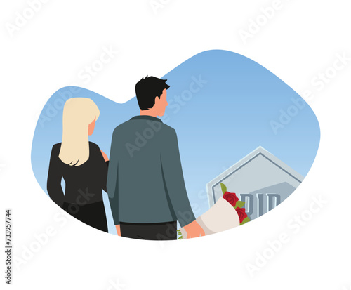 Couple put a funeral flowers on the gravestone burial, vector persons in sadness mourns the dead near the tombstone
