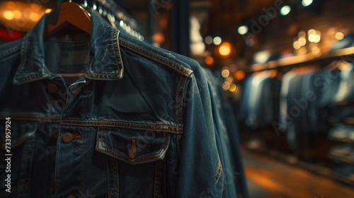 Close-up of a classic denim jacket hanging in a warm, vintage-style clothing store, with a blurred background of racks