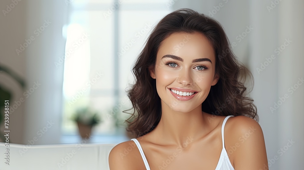 Beauty woman with white perfect smile looking at camera at home Beauty woman with white perfect smile looking at camera at home