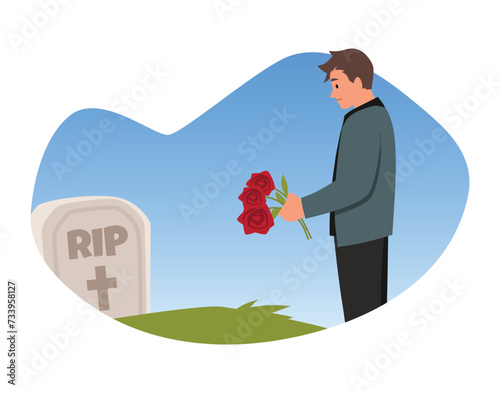 Sad man with a funeral flowers on the gravestone burial, vector person in sadness mourns the dead near the tombstone