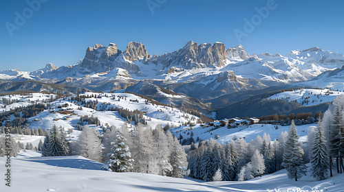 A photo of the Alps in winter, with snow-covered mountains as the background, during a crystal-clear afternoon