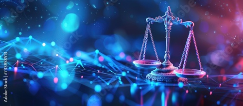 Illustration digital Scales Justice Scales on futuristic network blue neon background. Generated AI