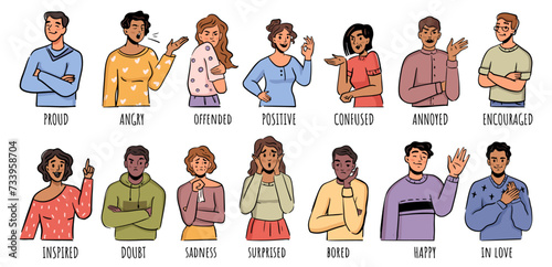 Personages expressing emotions and feelings with gesture, poses and mimic. Vector flat cartoon characters, men and women. Proud and angry, offended or positive, confused or annoyed, bored or happy photo