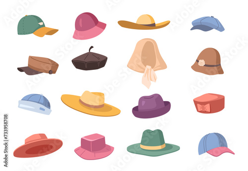 Variety of hats and caps for summer and spring. Vector flat cartoon, isolated collection of headgear for men and women. Modern and vintage retro models for boys and girls, stylish accessories