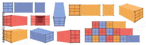 Freight or cargo container. Vector isolated flat cartoon, shipping boxes for transportation and shipment of orders with ships and vehicles. Intermodal steel storage with closed and open doors