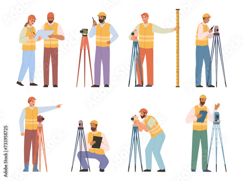 Geodesy professional or surveyor with tripods and tools for measuring and estimation. Vector flat cartoon character, isolated people in uniform and hardhats working on object or premises