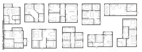 Interior design and planning of apartment, house or studio. Vector flat cartoon, isolated floor plans top view with furniture and rooms. Schematic representation of home, condominium or dwelling photo