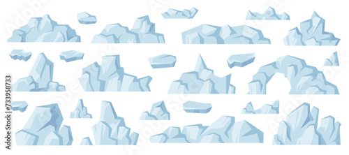 Side view of icebergs, isolated arctic rocks formation with ice and icicles, snow and snowy masses. Vector flat cartoon, piece of freshwater ice side view. Design for ocean or sea landscape photo