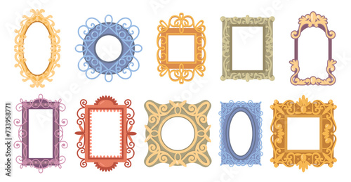 Picture or mirror frames, isolated vintage or retro wooden framing with carvings and swirls. Vector flat cartoon, oval and rectangular shape, circle and square decor, interior design element