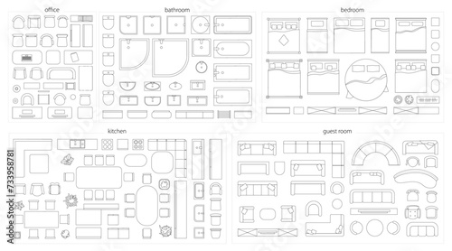 Furniture for home design grouped by room. Vector flat cartoon, isolated objects for plan. Office and bathroom, bedroom and kitchen, guest or living space furnishing and decor pieces set