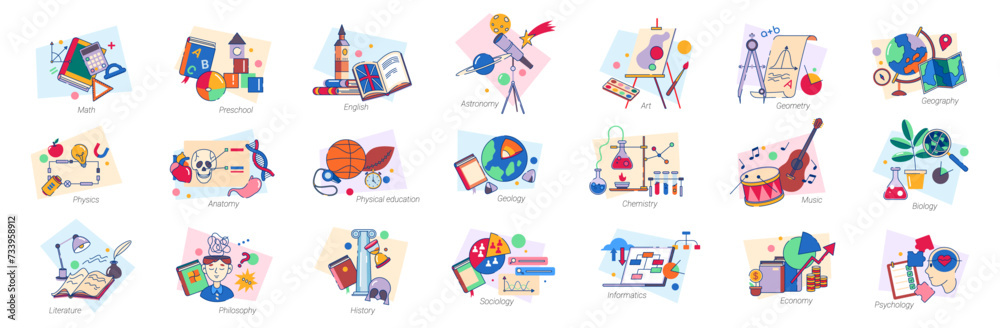 Disciplines and subjects at school, lessons and classes of math and English, physics and anatomy. Vector icon for education, philosophy and literature, history and geology, chemistry and music - obrazy, fototapety, plakaty 