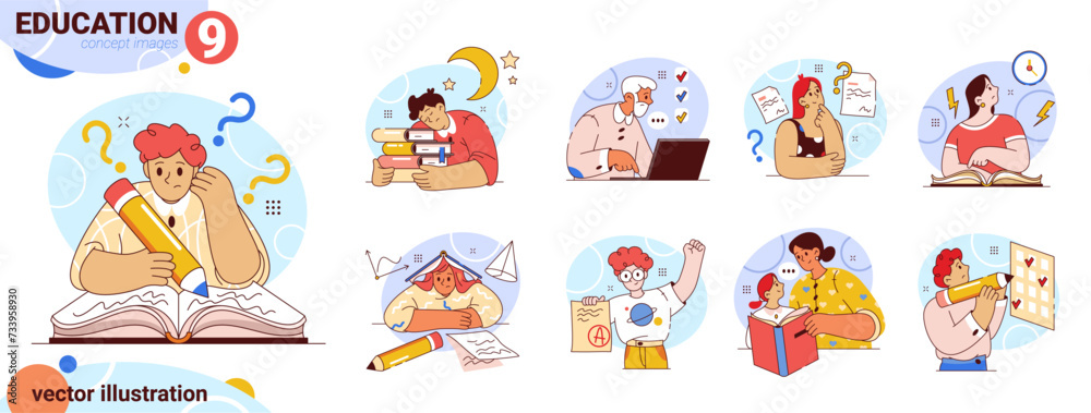 Students of different age studying for test or exam. Vector isolated flat cartoon characters learning disciplines, reading books and preparing for examination. Writing essay and solving problems