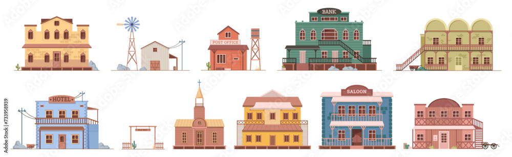 Wild west buildings exterior, isolated facades of wooden houses and homes. Vector flat cartoon, city street or infrastructure of American small town with cowboy culture or old traditions Wild west buildings exterior, isolated facades of wooden houses and homes. Vector flat cartoon, city street or infrastructure of American small town with cowboy culture or old traditions