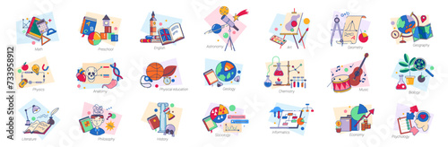 Disciplines and subjects at school, lessons and classes of math and English, physics and anatomy. Vector icon for education, philosophy and literature, history and geology, chemistry and music photo