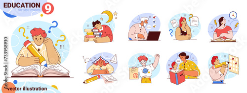 Students of different age studying for test or exam. Vector isolated flat cartoon characters learning disciplines, reading books and preparing for examination. Writing essay and solving problems