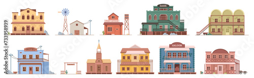 Wild west buildings exterior, isolated facades of wooden houses and homes. Vector flat cartoon, city street or infrastructure of American small town with cowboy culture or old traditions photo