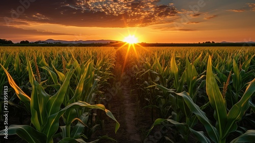 rural corn field at sunset