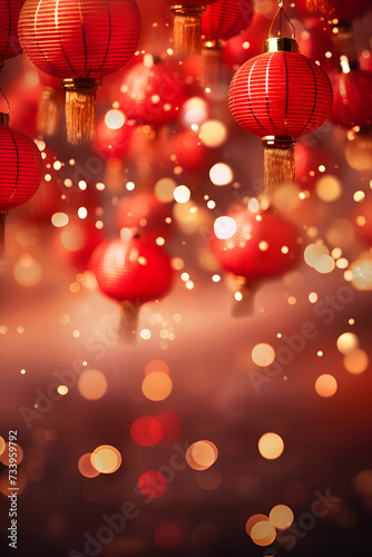 Chinese new year red lanterns with gold bokeh background.