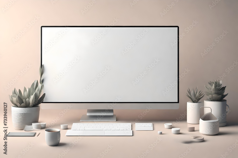 3D Minimal desktop with blank screen mockup, Empty screen for text, and logo replacement concept. 3d render illustration