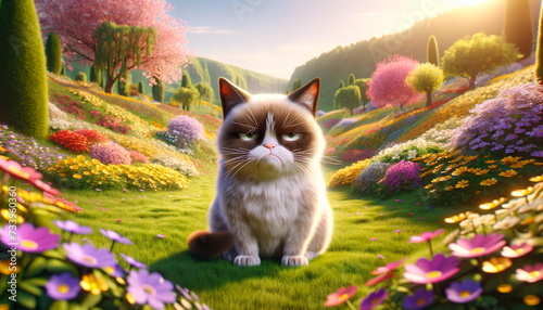 grumpy cat situated in a spring paradise landscape. photo