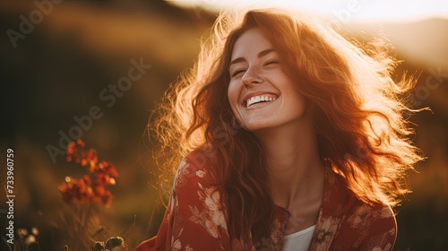 Woman relaxing outdoors looking happy and smiling © chanidapa