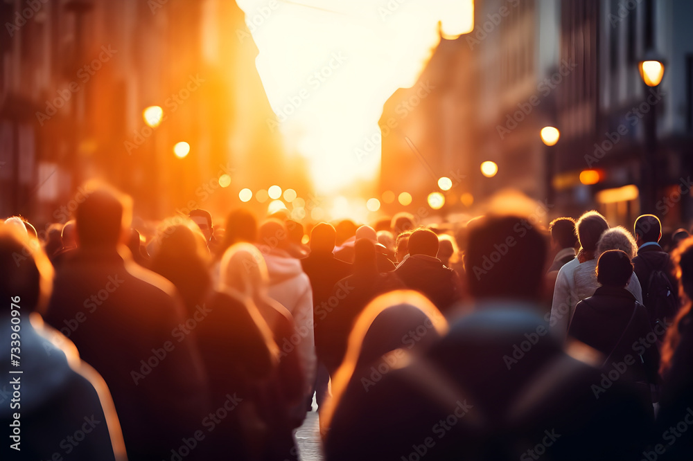 Fototapeta premium Busy street scene with crowds of people walking in the city at sunset. crowd of people in a shopping street, Busy street scene with crowds of people walking in the city.